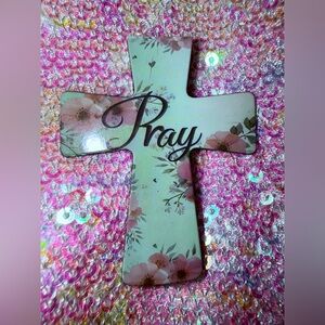 PRAY Plum Florals Seafoam Green Cross Magnet